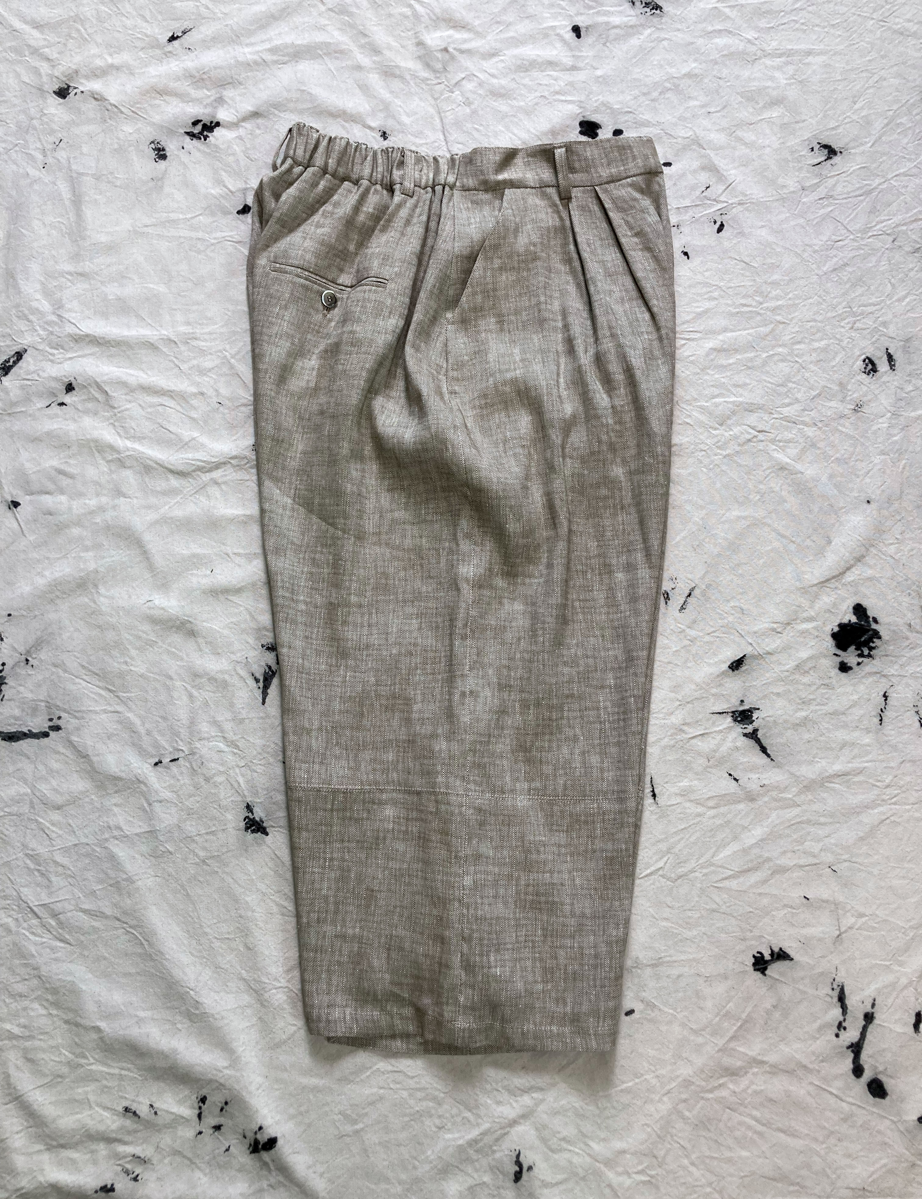 Herringbone 4 Tuck Extra Wide Leg Pants Beige